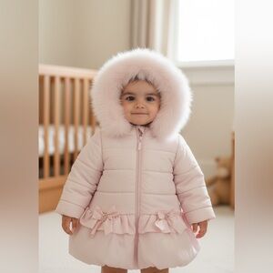 NEW BIMBALO kids - pink coat with fox fur trim hood